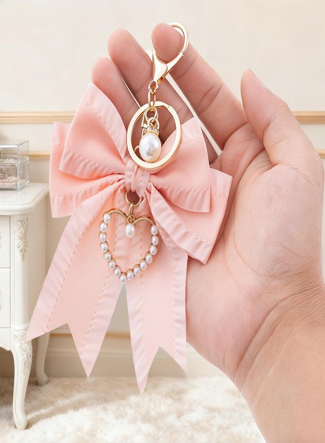 Clofiak Bow Purse Charms, Cute Bow Backpack Keychains for Women, Pearl Wristlet Keychain(Light pink) - Image 4